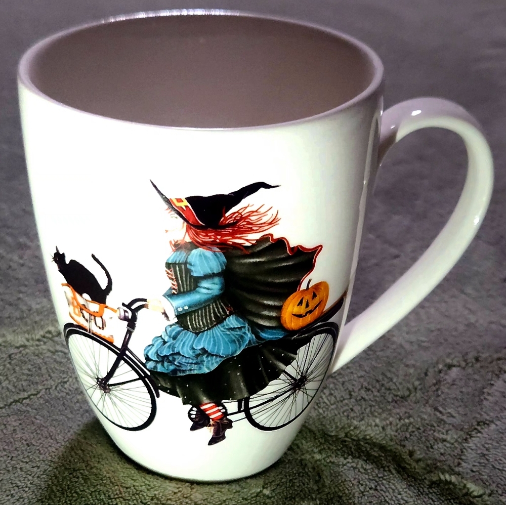 Creative Co-Op Witch on Bicycle & Black Cat Halloween Mug by Mary Lake Thompson